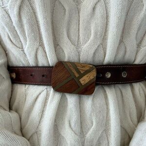Womens Brown Oil Tanned Leather Western Roped Cowgirl Belt Wood Buckle Sz 28